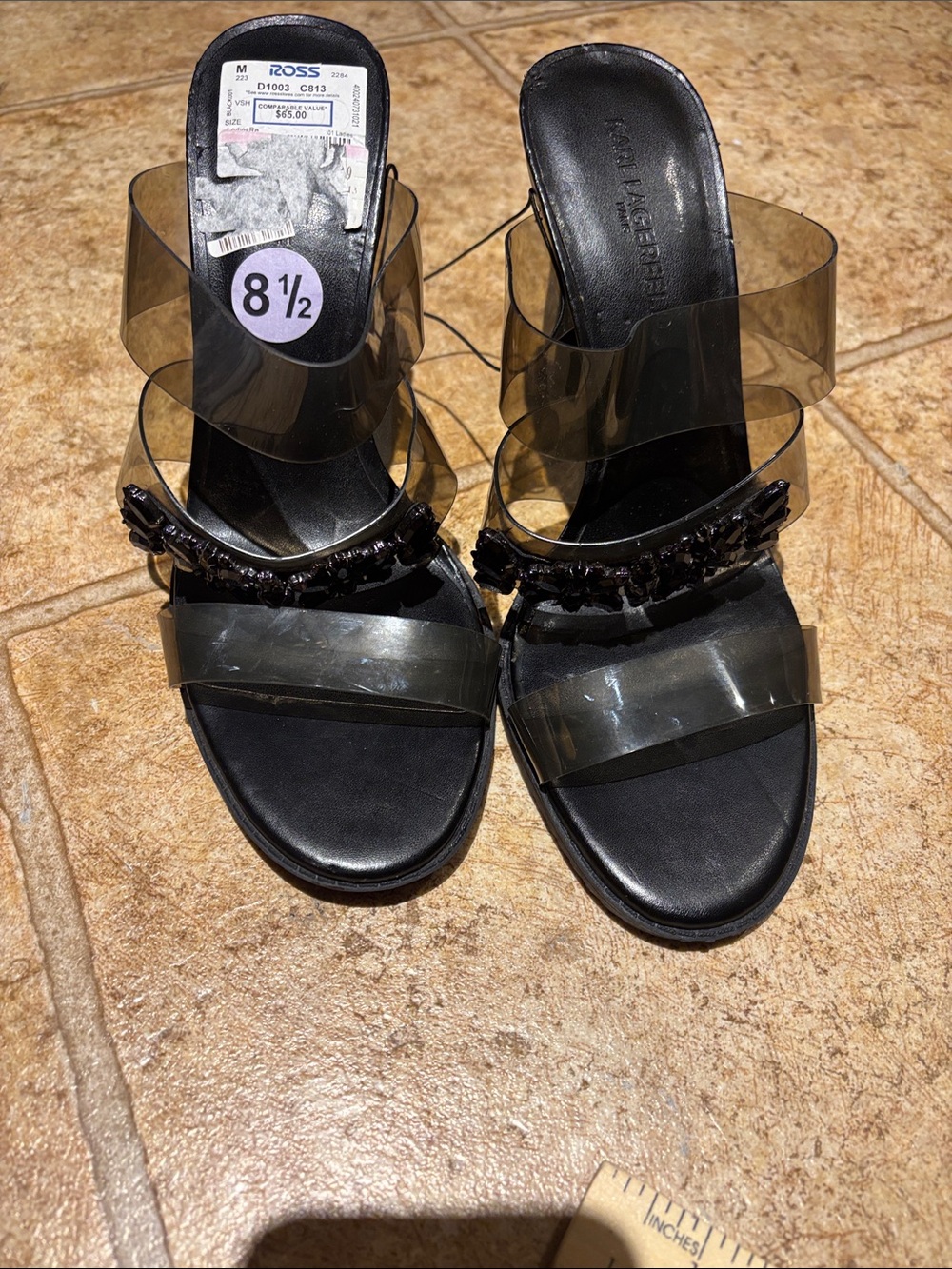 Karla lageefeld Clear Strap Black heels  with Beaded Accent